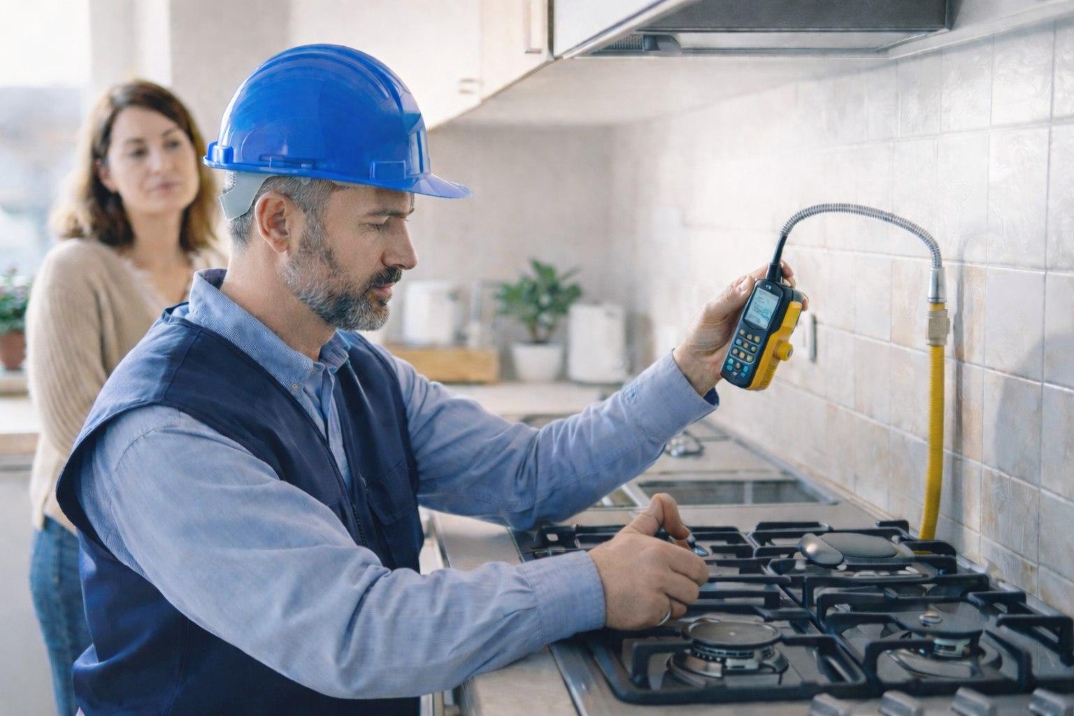 Técnico da Gasmed a medir a estanquidade de uma instalação de gás numa cozinha, com detetor de fugas junto à tubagem do fogão.